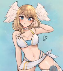 Rule 34 | 1girl, artist name, bikini, blue background, blue eyes, breast tattoo, breasts, brown hair, choker, cleavage, commentary, dot nose, english commentary, eunie (xenoblade), eyelashes, gluteal fold, head wings, highres, large breasts, looking at viewer, medium hair, navel, parted bangs, purrlucii, sash, smile, solo, swimsuit, tattoo, white bikini, white choker, white sash, wings, xenoblade chronicles (series), xenoblade chronicles 3