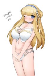 Rule 34 | 1girl, absurdres, bikini, blonde hair, blue eyes, blue hairband, breasts, cleavage, dated, double bun, feet out of frame, fletcher (kancolle), fletcher (swimsuit mode) (kancolle), hair bun, hair ornament, hairband, highres, kantai collection, large breasts, long hair, looking at viewer, maru (marg0613), navel, official alternate costume, one eye closed, simple background, smile, solo, star (symbol), star hair ornament, swimsuit, v arms, white background, white bikini
