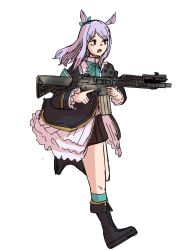 1girl animal_ears black_footwear black_jacket black_skirt blue_socks boots bow commission ear_ribbon green_ribbon gun highres holding holding_gun holding_weapon horse_ears jacket kneehighs long_hair looking_away mejiro_mcqueen_(umamusume) open_mouth pleated_skirt purple_hair ribbon running sharpy_(kdy000913) simple_background skirt socks solo swept_bangs umamusume weapon weapon_request white_background