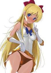 Rule 34 | 1girl, aino minako, bishoujo senshi sailor moon, blonde hair, blue eyes, bow, breasts, choker, clothes lift, covered erect nipples, diadem, female focus, furuyama itaru, gloves, hair bow, lifting own clothes, long hair, looking at viewer, medium breasts, orange choker, orange panties, orange skirt, panties, red bow, sailor senshi, sailor venus, simple background, skirt, solo, standing, underwear, v, white background, white gloves