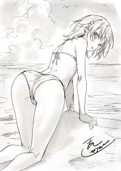Rule 34 | 1girl, arched back, ass, back, bent over, bikini, commentary request, greyscale, halterneck, highres, isshi pyuma, kneepits, legs together, looking at viewer, looking back, misaka mikoto, monochrome, outdoors, short hair, solo, swimsuit, thighs, toaru kagaku no railgun, toaru majutsu no index
