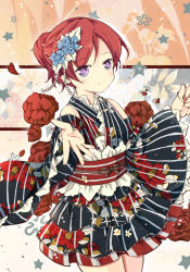 Rule 34 | 10s, 1girl, alternate costume, bare shoulders, bondson, detached sleeves, floral background, floral print, flower, flower on head, frilled kimono, frills, hair flower, hair ornament, hair up, japanese clothes, kimono, kimono skirt, looking at viewer, love live!, love live! school idol festival, love live! school idol project, nishikino maki, obi, purple eyes, reaching, reaching towards viewer, red hair, sash, short hair, smile, solo, wide sleeves