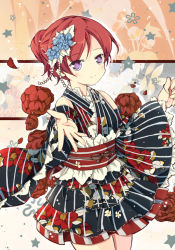 10s 1girl alternate_costume bare_shoulders bondson detached_sleeves female_focus floral_background floral_print flower flower_on_head frilled_kimono frills hair_flower hair_ornament hair_up japanese_clothes kimono kimono_skirt looking_at_viewer love_live! love_live!_school_idol_festival love_live!_school_idol_project nishikino_maki obi purple_eyes reaching reaching_towards_viewer red_hair sash short_hair smile solo wide_sleeves