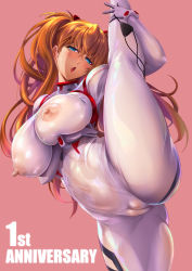 Rule 34 | 1girl, alternate breast size, anniversary, ass, ass focus, blue eyes, bodysuit, breasts, cameltoe, cleft of venus, covered erect nipples, covered navel, curvy, english text, evangelion: 3.0+1.0 thrice upon a time, eyepatch, unworn eyepatch, fat mons, flexible, gradient hair, hair ornament, highres, huge ass, interface headset, kawaraya a-ta, large breasts, leg lift, legs up, lips, long hair, long sleeves, looking at viewer, lying, multicolored hair, neon genesis evangelion, nipples, orange hair, pink background, plugsuit, rebuild of evangelion, shiny clothes, shiny skin, simple background, skin tight, solo, souryuu asuka langley, spread legs, standing, standing on one leg, tsundere, twintails, wet, wet clothes, wide hips