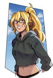 Rule 34 | 1girl, blonde hair, commentary, cropped hoodie, english commentary, eyes visible through hair, glasses, hood, hood down, hoodie, long hair, looking at viewer, naitourse, navel, parted lips, ponytail, purple eyes, rwby, solo, teeth, upper body, yang xiao long