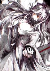 Rule 34 | 10s, 1girl, abyssal ship, breasts, chromatic aberration, colored skin, commentary request, covered mouth, dress, highres, horns, kantai collection, large breasts, long hair, midway princess, nabe d, otsunabe (naabe delta), outstretched hand, solo, white dress, white hair, white skin