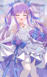 Rule 34 | 1girl, blush, bouquet, breasts, closed eyes, dress, elf, flower, highres, kyoka (princess connect!), pantyhose, pointy ears, princess connect!, purple hair, serika, small breasts, smile, twintails, wedding dress, white legwear, white pantyhose