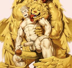 Rule 34 | 2boys, abs, absurdres, bara, blonde hair, claws, closed eyes, commentary, completely nude, demon horns, dungeon meshi, english commentary, erection, foreskin, furry, furry with non-furry, hand on own leg, highres, holding, horns, hug, hug from behind, huge penis, interspecies, laios touden, large pectorals, licking, licking pectoral, light blush, lion, lion boy, male focus, multiple boys, muscular, muscular male, navel, navel hair, nipples, nude, pectorals, penis, penis size difference, precum, size difference, stomach, strongman waist, surprised, uncensored, uza (hellme), winged lion (dungeon meshi), wings, yaoi, yellow eyes