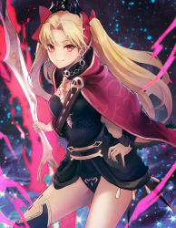 Rule 34 | 1girl, bad id, bad pixiv id, black dress, black leotard, black thighhighs, blonde hair, blue nails, bow, breasts, cape, closed mouth, commentary request, dress, earrings, ereshkigal (fate), fate/grand order, fate (series), floating hair, glowing, glowing weapon, gold trim, hair bow, hand on own hip, highres, holding, holding weapon, hoop earrings, jewelry, leotard, light particles, long hair, long sleeves, looking at viewer, nail polish, parted bangs, print dress, print leotard, red bow, red cape, red eyes, skull, small breasts, smile, solo, sparkle, spine, standing, thighhighs, tohsaka rin, tsurime, two side up, weapon, wind, yukihama