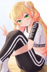 Rule 34 | 1girl, absurdres, blonde hair, green eyes, highres, hololive, looking at viewer, momosuzu nene, shirt, short sleeves, smile, solo, typho, virtual youtuber, white shirt