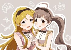 Rule 34 | 2girls, :d, ahoge, bare shoulders, black bow, black bowtie, black hairband, blonde hair, blue eyes, blush, bow, bowtie, bracelet, braid, breasts, brown eyes, brown gemstone, brown hair, collared shirt, commentary, dress, fleuranges (idolmaster million live), food-themed background, goma konbu, grey background, hairband, hakozaki serika, hand up, heads together, highres, idolmaster, idolmaster million live!, idolmaster million live! theater days, jewelry, long hair, looking at viewer, looking to the side, medium breasts, multiple girls, open mouth, outline, parted bangs, pinafore dress, pink dress, raised eyebrows, shinomiya karen, shirt, simple background, sleeveless, sleeveless dress, sleeveless shirt, small breasts, smile, striped clothes, striped dress, translation request, twintails, upper body, very long hair, white outline, white shirt, yellow dress