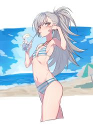 Rule 34 | 1girl, beach, beach umbrella, bendy straw, bikini, blush, closers, cloud, cropped jacket, cup, day, drinking, drinking glass, drinking straw, flat chest, food, from side, fruit, hair between eyes, highres, holding, ice, ice cube, jewelry, lemon, lemon slice, long hair, looking at viewer, mouth hold, navel, necklace, ocean, outside border, pinky out, ponytail, projected inset, red eyes, shade, silver hair, simple background, sketch, sky, solo, stomach, striped bikini, striped clothes, supernew, sweat, swept bangs, swimsuit, tina (closers), umbrella, white background