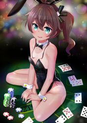 Rule 34 | absurdres, animal ears, bare legs, black leotard, black ribbon, blackjack table, blush, bow, bowtie, breasts, brown hair, card, cat hair ornament, commentary, detached collar, fake animal ears, green eyes, hair between eyes, hair ornament, hair ribbon, highres, hololive, leotard, natsuiro matsuri, one-piece tan, ontake2009, open mouth, oversized breast cup, playboy bunny, playing card, poker chip, rabbit ears, ribbon, short hair, side ponytail, sitting, sitting on table, small breasts, smile, solo, strapless, strapless leotard, table, tan, tanline, virtual youtuber, wrist cuffs