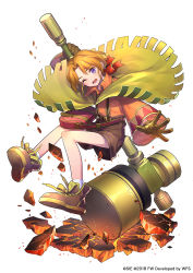 Rule 34 | 1girl, ;d, bag, blouse, bow, brown footwear, brown hair, cape, collared shirt, company name, crack, full body, gloves, green cape, hair bow, hammer, handbag, looking at viewer, male focus, official art, one eye closed, open mouth, orange shirt, parted bangs, purple eyes, red bow, rock, shirt, shoes, short shorts, shorts, smile, sneakers, socks, solo, tetsukuzu tetsuko, war hammer, warhammer, weapon, wide sleeves