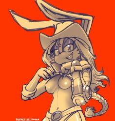 Rule 34 | 1girl, arrow (symbol), artist name, braid, breasts, bunnie rabbot, clothes lift, cowboy hat, cowboy western, cyborg, female focus, flashing, furry, furry female, hair tie, half-closed eyes, hands up, happy, hat, high collar, lifted by self, long hair, long sleeves, looking at viewer, mechanical arms, mechanical legs, medium breasts, navel, nipples, no bra, open mouth, rabbit ears, rabbit girl, red background, rockthebull, shiny skin, shirt lift, sidelocks, simple background, single braid, single mechanical arm, smile, solo, sonic (series), sonic the hedgehog (archie comics), standing, stomach, teeth, tumblr username, upper body, watermark, web address
