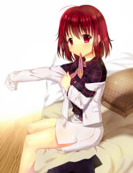 Rule 34 | 1girl, bad id, bad pixiv id, bed, blush, cnm, commentary, dressing, horikawa raiko, jacket, looking at viewer, miniskirt, morning, mouth hold, on bed, open clothes, open jacket, pillow, red eyes, red hair, ribbon, ribbon in mouth, shirt, sitting, skirt, solo, touhou