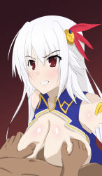 Rule 34 | 10s, 1girl, absurdres, armor, bare shoulders, blush, breasts, cleavage cutout, clothing cutout, dark skin, detached sleeves, eleonora viltaria, gradient background, hair ornament, highres, long hair, madan no ou to vanadis, open mouth, paizuri, red background, red eyes, white hair