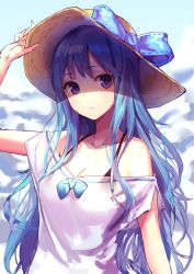 Rule 34 | 1girl, a.t. zero, arm at side, bad id, bad twitter id, bare shoulders, blue bow, blue bowtie, blue hair, bow, bowtie, breasts, cleavage, closed mouth, collarbone, day, hand on headwear, hand up, hat, hat bow, highres, long hair, looking at viewer, medium breasts, off-shoulder shirt, off shoulder, original, outdoors, purple eyes, shirt, short sleeves, solo, spaghetti strap, straw hat, sun hat, upper body, white shirt