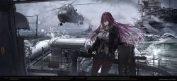 Rule 34 | 1girl, absurdres, airborne early warning and control, aircraft, aircraft carrier, airplane, alaska (warship girls r), alternate costume, anti-submarine warfare helicopter, belt, black jacket, black pantyhose, black shorts, breasts, commentary request, cowboy shot, english text, f-4 phantom ii, fighter jet, haguruma c, helicopter, helicopter airborne early warning and control, highres, jacket, jet, long hair, military, military vehicle, navel, open clothes, open jacket, pantyhose, purple eyes, purple hair, ship, shirt, shorts, sikorsky sh-3 sea king, solo, warship, warship girls r, watercraft, white shirt