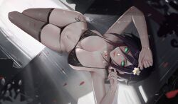 Rule 34 | 1girl, black hair, breasts, chainsaw man, flower, green eyes, grenade pin, highres, jewelry, lingerie, looking at viewer, lying, neo (neorarty3), on back, purple hair, reze (chainsaw man), short hair, thighhighs, thighs, underwear, window