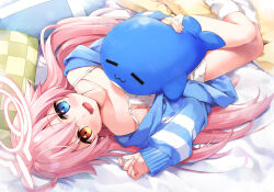 1girl ahoge blue_archive blue_eyes blue_sweater blush breasts camisole commentary_request eretto hair_between_eyes halo heterochromia hoshino_(blue_archive) long_hair long_sleeves looking_at_viewer lying on_back open_mouth pink_hair small_breasts smile solo stuffed_whale sweater white_camisole yellow_eyes