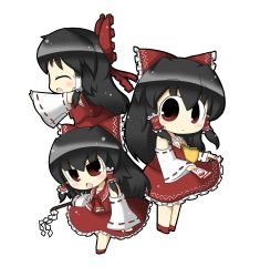 Rule 34 | 1girl, :d, ^ ^, bad id, bad pixiv id, bare shoulders, black hair, bow, chibi, closed eyes, detached sleeves, closed eyes, full body, hair bow, hakurei reimu, highres, long hair, open mouth, smile, touhou, transparent background, white background, wide sleeves, yuasan