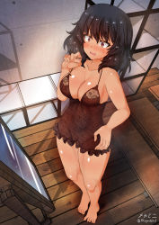Rule 34 | 1girl, andou (girls und panzer), barefoot, black hair, blush, breasts, brown eyes, cameltoe, cleavage, collarbone, covered navel, female focus, from above, full body, girls und panzer, highres, indoors, large breasts, lingerie, megadeko, negligee, no bra, no panties, open mouth, shiny skin, short hair, solo, standing, sweat, underwear, wooden floor