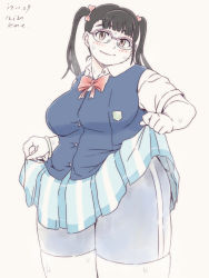 Rule 34 | 1girl, breasts, clothes lift, fat, glasses, hair ornament, highres, large breasts, nikuko (galko), oshiete! galko-chan, pleated skirt, plump, school uniform, semi-rimless eyewear, shorts, shorts under skirt, skirt, skirt lift, solo, twintails, white background