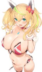 Rule 34 | 1girl, aqua eyes, bikini, blonde hair, blush, breasts, cleavage, commentary request, flower, gene (pso2), green hair, hair between eyes, hair flower, hair ornament, headgear, highres, huge breasts, jewelry, long hair, looking at viewer, multicolored hair, navel, necklace, nekoshoko, open mouth, phantasy star, phantasy star online 2, simple background, solo, streaked hair, swimsuit, thigh strap, twintails, two-tone hair, white background