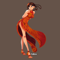 Rule 34 | 1girl, artist name, aru barros, black eyes, body freckles, braid, braided hair rings, breasts, brown background, brown hair, china dress, chinese clothes, dead or alive, dragon print, dress, freckles, full body, hair rings, large breasts, leaning forward, lei fang, long dress, long legs, orange dress, pac-man eyes, print dress, red dress, sandals, short hair, side braids, side slit, sleeveless, sleeveless dress, solo, toes