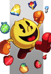 Rule 34 | 8-bit, :d, absurdres, black eyes, boots, food, fruit, gloves, highres, long nose, nose, open mouth, orange gloves, pac-man, pac-man (game), pixels, red footwear, silverchariotx, smile, tongue
