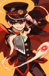 1boy buttons coat gakuran hanako_(jibaku_shounen_hanako-kun) hat highres hitodama holding holding_knife jibaku_shounen_hanako-kun kanyoko_(yuzukano_17) knife long_sleeves male_focus open_mouth pointing pointing_at_viewer pointing_melee_weapon school_uniform simple_background solo yellow_background