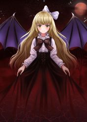Rule 34 | adapted costume, bat wings, blonde hair, blush, bow, bowtie, brown bow, brown bowtie, brown skirt, buttons, center frills, closed mouth, cross-laced clothes, frills, full body, hair bow, happy, highres, kurumi (touhou), kyabekko, long hair, long skirt, long sleeves, looking at viewer, moon, outdoors, purple wings, shirt, skirt, skirt hold, smile, suspenders, touhou, touhou (pc-98), very long hair, wavy hair, white bow, white shirt, wings, yellow eyes