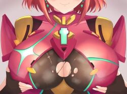 Rule 34 | 1girl, blush, bob cut, breasts, chest jewel, drop earrings, earrings, hand on own chest, head out of frame, impossible clothes, jewelry, large breasts, pyra (xenoblade), red hair, shiratamaaji, short hair, short sleeves, skindentation, solo, torn clothes, upper body, xenoblade chronicles (series), xenoblade chronicles 2