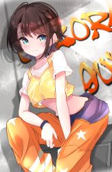 1girl absurdres baggy_pants between_legs blue_eyes blush braid breasts brown_hair cropped_shirt graffiti hand_between_legs highres hololive looking_at_viewer medium_breasts nishiki_yuno oozora_subaru pants print_pants print_shirt shirt short_hair sitting smile solo virtual_youtuber white_shirt wristband