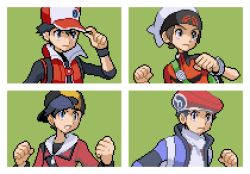 Rule 34 | 4boys, backwards hat, baseball cap, beanie, black hair, black shirt, black wristband, border, bracelet, brendan (pokemon), brown hair, clenched hand, clenched hands, closed mouth, coat, commentary, creatures (company), english commentary, ethan (pokemon), game freak, grey eyes, hand on headwear, hand up, hands up, hat, hyo oppa, jacket, jewelry, lucas (pokemon), male focus, multiple boys, nintendo, pixel art, pokemon, pokemon dppt, pokemon hgss, pokemon masters ex, pokemon oras, pokemon platinum, red (pokemon), red (sygna suit) (pokemon), red coat, red headwear, red jacket, scarf, shirt, short hair, sleeveless, sleeveless coat, white border, white headwear, white scarf, wristband