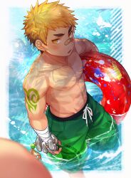 Rule 34 | 1boy, bandaid, bandaid on face, bandaid on nose, beitemian, blonde hair, blush, brown hair, cover, gozu farm, green eyes, highres, innertube, looking at viewer, male focus, male swimwear, multicolored hair, navel, nipples, ooki ikutoshi, outdoors, pectorals, pov, short hair, solo, swim ring, swim trunks, tokyo houkago summoners, toned, toned male, topless male, two-tone hair, yellow eyes