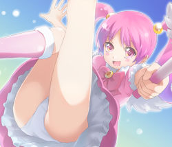 Rule 34 | 10s, 1girl, :d, blush, boots, bow, duke (inu daimyou), gdgd fairies, hair ornament, knee boots, open mouth, panties, pantyshot, pikupiku, pink eyes, pink hair, smile, solo, twintails, underwear, upskirt, wand, wings