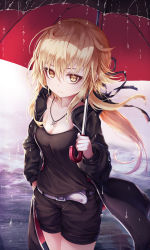 Rule 34 | 1girl, artoria pendragon (all), artoria pendragon (fate), belt, black jacket, black shorts, blonde hair, breasts, brown eyes, cleavage, contemporary, fate/grand order, fate (series), frown, h2o (dfo), hand in pocket, highres, holding, holding umbrella, hood, hood down, hooded jacket, jacket, jewelry, long hair, looking at viewer, medium breasts, necklace, official alternate costume, outdoors, rain, red umbrella, saber alter, saber alter (ver. shinjuku 1999) (fate), shorts, solo, standing, umbrella
