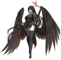 Rule 34 | 1girl, absurdly long hair, angel wings, black hair, black serafuku, black thighhighs, black wings, blue archive, bolt action, bow, bowtie, breasts, clothes lift, feathered wings, full body, garter belt, gloves, gun, half gloves, hasumi (blue archive), holding, holding gun, holding weapon, lace-up thighhighs, large breasts, long hair, long skirt, m1917 enfield, mx2j, official art, p14 enfield, red bow, red bowtie, red eyes, rifle, school uniform, serafuku, skirt, skirt lift, solo, tall female, thighhighs, transparent background, very long hair, weapon, wings