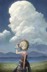 Rule 34 | 1girl, absurdres, bare arms, blonde hair, blue eyes, bracelet, closed mouth, cloud, commentary request, cowboy shot, creatures (company), day, game freak, grass, highres, irida (pokemon), jewelry, lake, looking at viewer, mountainous horizon, neck ring, nintendo, outdoors, pokemon, pokemon legends: arceus, red shirt, shirt, short hair, shorts, solo, strapless, strapless shirt, subfiction, white shorts
