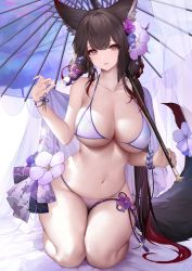Rule 34 | 1girl, an yasuri, animal ears, banned artist, bikini, blue archive, breasts, brown eyes, brown hair, flower, fox ears, fox girl, fox tail, hair flower, hair ornament, highres, kneeling, large breasts, looking at viewer, navel, robe lift, solo, swimsuit, tail, thick thighs, thighs, umbrella, undressing, wakamo (blue archive)