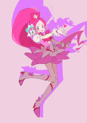 Rule 34 | 1girl, 35kawaiiprpr, absurdres, bow, bowtie, chypre (heartcatch precure!), commentary, cure blossom, dress, fingerless gloves, full body, gloves, grey background, hair bow, hanasaki tsubomi, heart, heartcatch precure!, high ponytail, highres, kneehighs, long hair, looking at viewer, magical girl, open mouth, pink bow, pink bowtie, pink dress, pink eyes, pink hair, precure, puffy short sleeves, puffy sleeves, short dress, short sleeves, silhouette, simple background, smile, socks, solo, standing, symbol-only commentary, very long hair, white footwear, white gloves