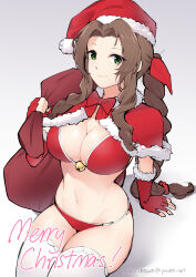 Rule 34 | 1girl, absurdres, aerith gainsborough, arm support, bag, bell, bikini, bow, bowtie, braid, braided ponytail, breasts, capelet, cleavage, closed mouth, final fantasy, final fantasy vii, fingerless gloves, fur-trimmed gloves, fur-trimmed headwear, fur trim, gloves, green eyes, hair bow, hat, highres, holding, holding bag, jingle bell, large breasts, legs together, long hair, looking at viewer, red bikini, red bow, red bowtie, red capelet, red gloves, red headwear, red scrunchie, santa bikini, santa hat, scrunchie, simple background, sitting, solo, swimsuit, thighhighs, very long hair, white thighhighs