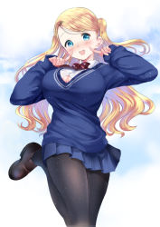 Rule 34 | 1girl, :d, arms up, bad id, bad pixiv id, black pantyhose, blonde hair, blue eyes, blue skirt, blush, breasts, brown footwear, cleavage cutout, clothing cutout, artistic error, hair ornament, hairclip, large breasts, loafers, long hair, looking at viewer, one side up, open clothes, open mouth, open shirt, original, pantyhose, pleated skirt, pointing, pointing at self, ponytail korosuke, school uniform, shirt, shoes, skirt, smile, solo, sweater, swept bangs, teeth, thighs, wavy hair