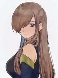 Rule 34 | 1girl, bare shoulders, blue eyes, breasts, brown dress, brown hair, brown sleeves, closed mouth, commentary, detached sleeves, dress, from side, grey background, hair behind ear, hair over one eye, hair over shoulder, high collar, highres, large breasts, light smile, long hair, looking at viewer, looking to the side, one eye covered, sidelocks, sleeveless, sleeveless dress, solo, straight hair, tales of (series), tales of the abyss, tear grants, upper body, vampire mnk