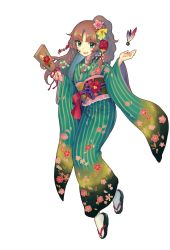 Rule 34 | 1girl, ball, braid, brown hair, eyebrows, facial mark, floral print, flower, fujisaki (graphic loops), furisode, green eyes, hair flower, hair ornament, highres, holding, japanese clothes, kimono, long hair, long sleeves, nazuka juri, obi, official art, open mouth, paddle, sandals, sash, simple background, solo, striped, tabi, table tennis ball, table tennis paddle, toys drive, twin braids, vertical stripes, white background, wide sleeves