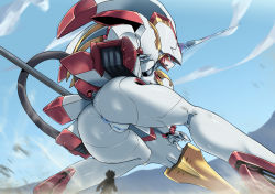 Rule 34 | 1girl, anus, ass, blue sky, blush, cleft of venus, darling in the franxx, giant, giantess, horns, open mouth, outdoors, parted lips, pochincoff, pussy, robot, single horn, sky, squatting, strelizia