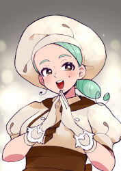 Rule 34 | 1girl, apron, ascot, breasts, brown apron, brown ascot, brown eyes, brown skirt, buttons, chef hat, creatures (company), game freak, gloves, gomomo00, green hair, hat, katy (pokemon), low side ponytail, medium breasts, mole, mole on cheek, muffin top, nintendo, pokemon, pokemon sv, puffy short sleeves, puffy sleeves, short sleeves, skirt, solo, spider web print, waist apron