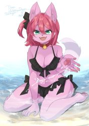 Rule 34 | 1girl, :3, animal ears, animal feet, animal hands, animal nose, artist name, bare shoulders, barefoot, bell, bikini, black bikini, black ribbon, body fur, breasts, cat ears, cat girl, cat tail, cleavage, collar, commission, english text, fangs, feet, female focus, front-tie bikini top, front-tie top, full body, furry, furry female, green eyes, hair between eyes, hair ribbon, hand up, happy, highres, jingle bell, looking at viewer, medium breasts, medium hair, navel, neck bell, one side up, open mouth, original, partially submerged, pawpads, pink fur, red hair, ribbon, side-tie bikini bottom, sidelocks, signature, sitting, skeb commission, smile, solo, splashing, stomach, swimsuit, tail, thank you, wariza, water, zakro